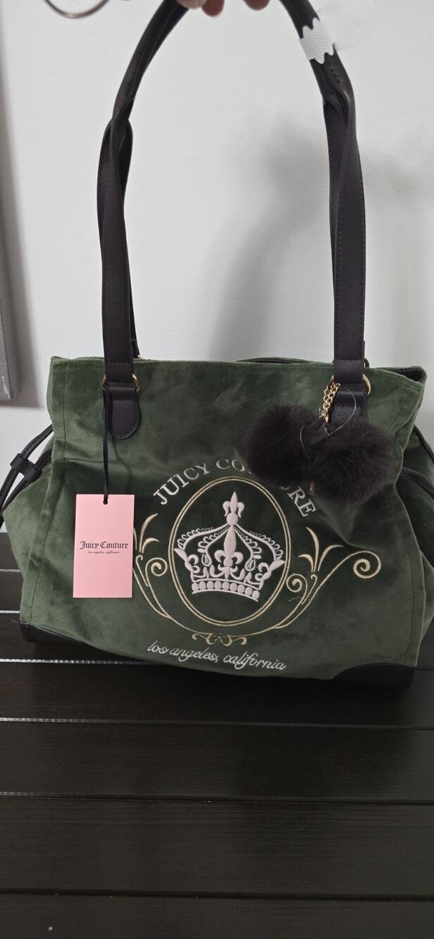 Juicy Couture Green Velour Crown Tote Bag Purse Shoulder Handbag Pom Pom NWT
